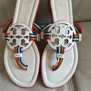 Tory Burch Mignon White Rainbow Multi Color Miller Sandals 8 Millers RARE